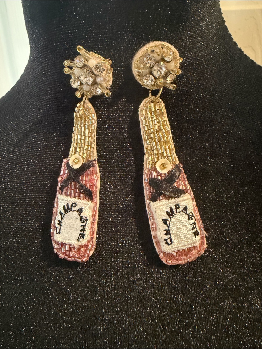 Gold and Pink Champagne Bottle Drop Earrings with Crystal Posts